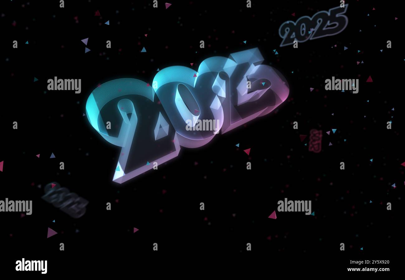 verre holographique de concept abstrait numérique de symbole de 2025 ans. Cybertechnologie et fond informatique objet 3D. Banque D'Images