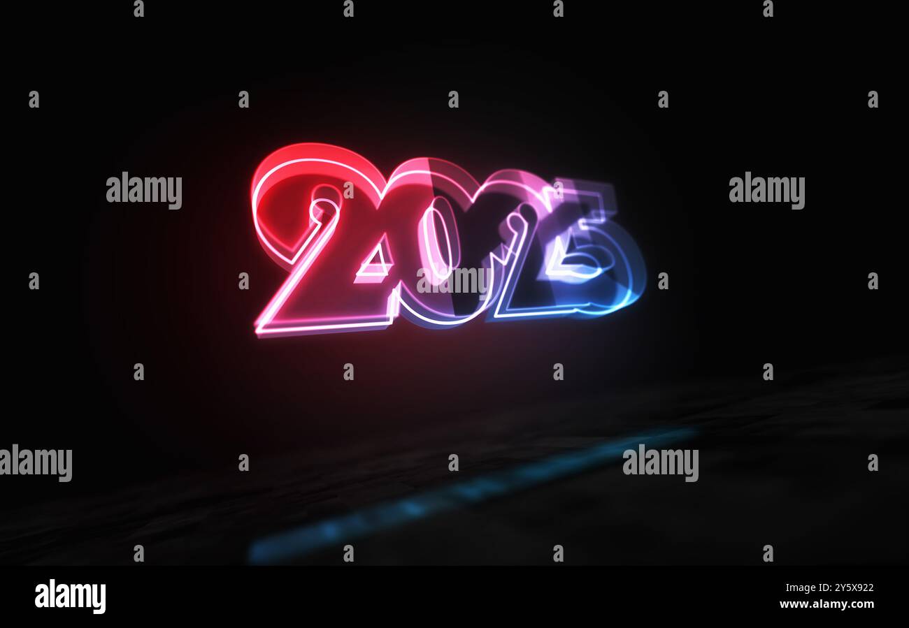 verre holographique de concept abstrait numérique de symbole de 2025 ans. Cybertechnologie et fond informatique objet 3D. Banque D'Images