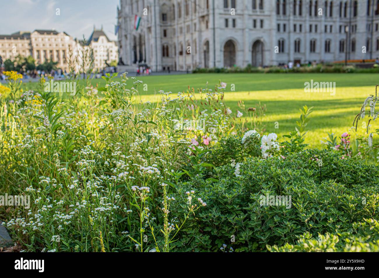 Budapest, Hongrie - 4 juillet 2023 : jardin sur la place du Parlement hongrois le jour ensoleillé d'été Banque D'Images
