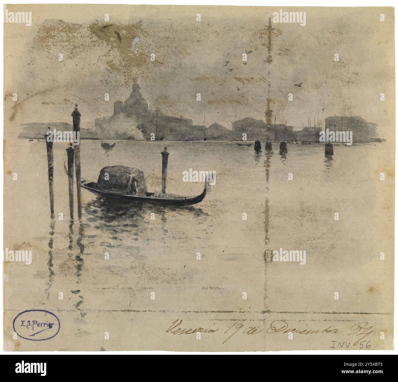 Emilio Sánchez Perrier (dessinateur) / 'titre d'une lettre : vue de la lagune de Venise avec la basilique Santa Maria della Salute en arrière-plan'. 1884. Lavage, encre grise sur papier tissé. Musée : Museo del Prado, Madrid, España. Banque D'Images