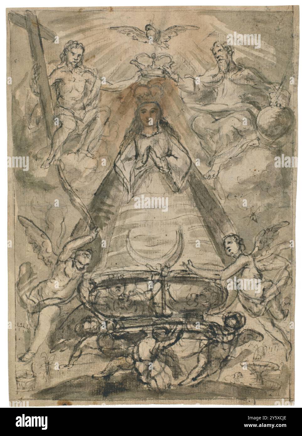 Pedro Ruiz González / 'image de la Vierge couronnée par la Trinité / croquis de figures volantes avec cartouches'. Fin XVII siècle. Lavage gris-brun, crayon, crayon broyé sur papier pondu. Musée : Museo del Prado, Madrid, España. Banque D'Images