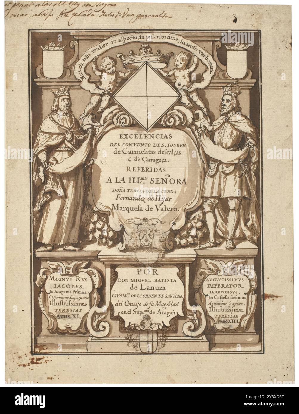 Anonyme / 'couverture pour un livre'. Milieu du XVIIe siècle. Lavage gris-brun, encre sur papier vergé. Musée : Museo del Prado, Madrid, España. Banque D'Images