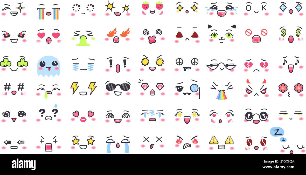 Mignons visages de kawaii. Expressions faciales d'anime, émotions de style manga avec des yeux en forme d'icône et des formes de bouche simples. Autocollants d'humeur de visage de dessin animé asiatique Illustration de Vecteur