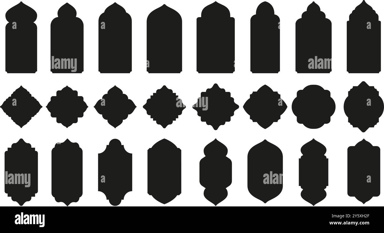 Formes de fenêtres islamiques. Silhouettes d'écussons orientaux, cadre de porte est avec dômes et arches à l'architecture arabe traditionnelle ou décorations de mosquées Illustration de Vecteur