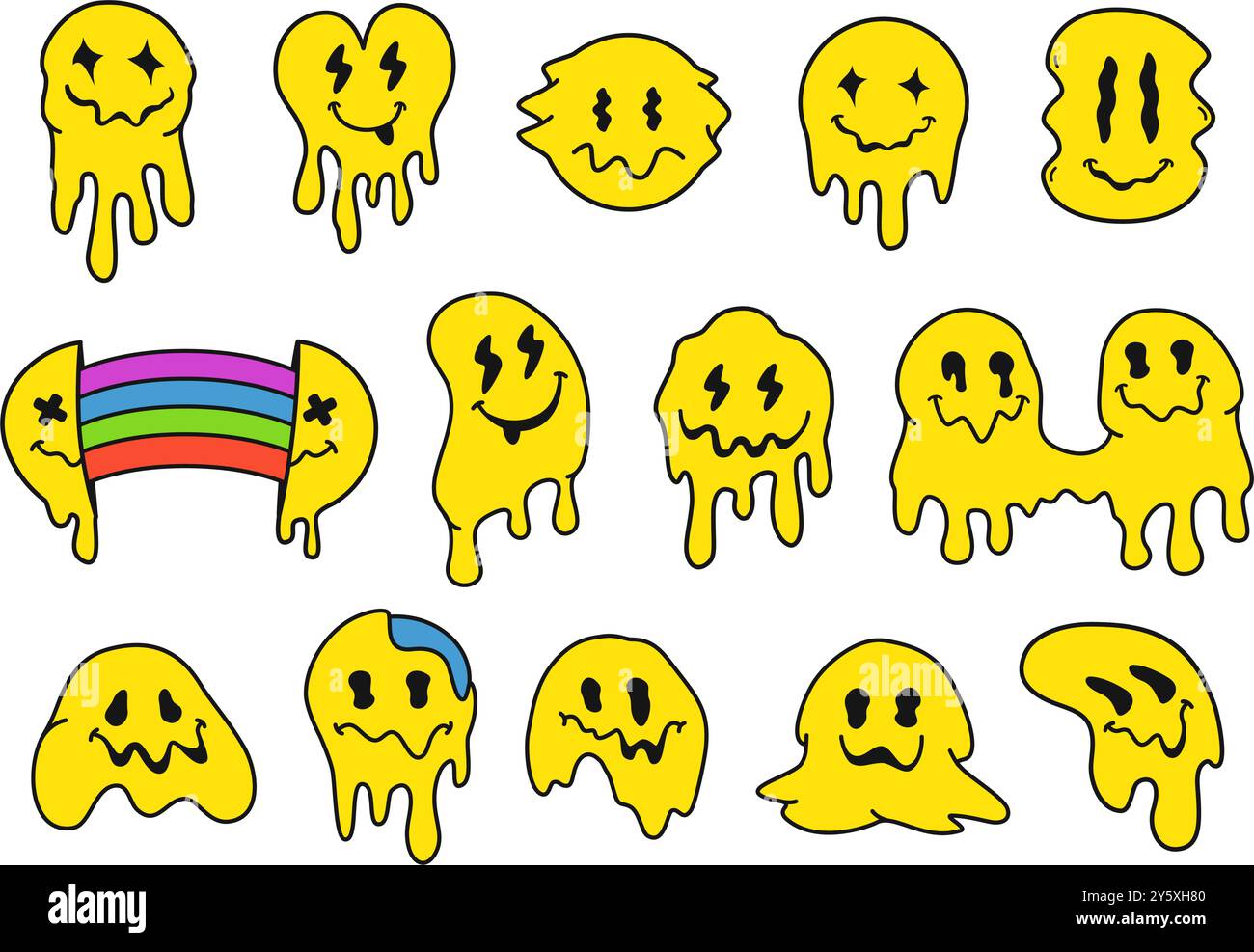 Visages de sourire Trippy. Visage emoji fondu Drippy, autocollant blob drôle et expressions faciales psychédéliques heureuses. Sourires qui coulent dans une rave rétro acide Illustration de Vecteur