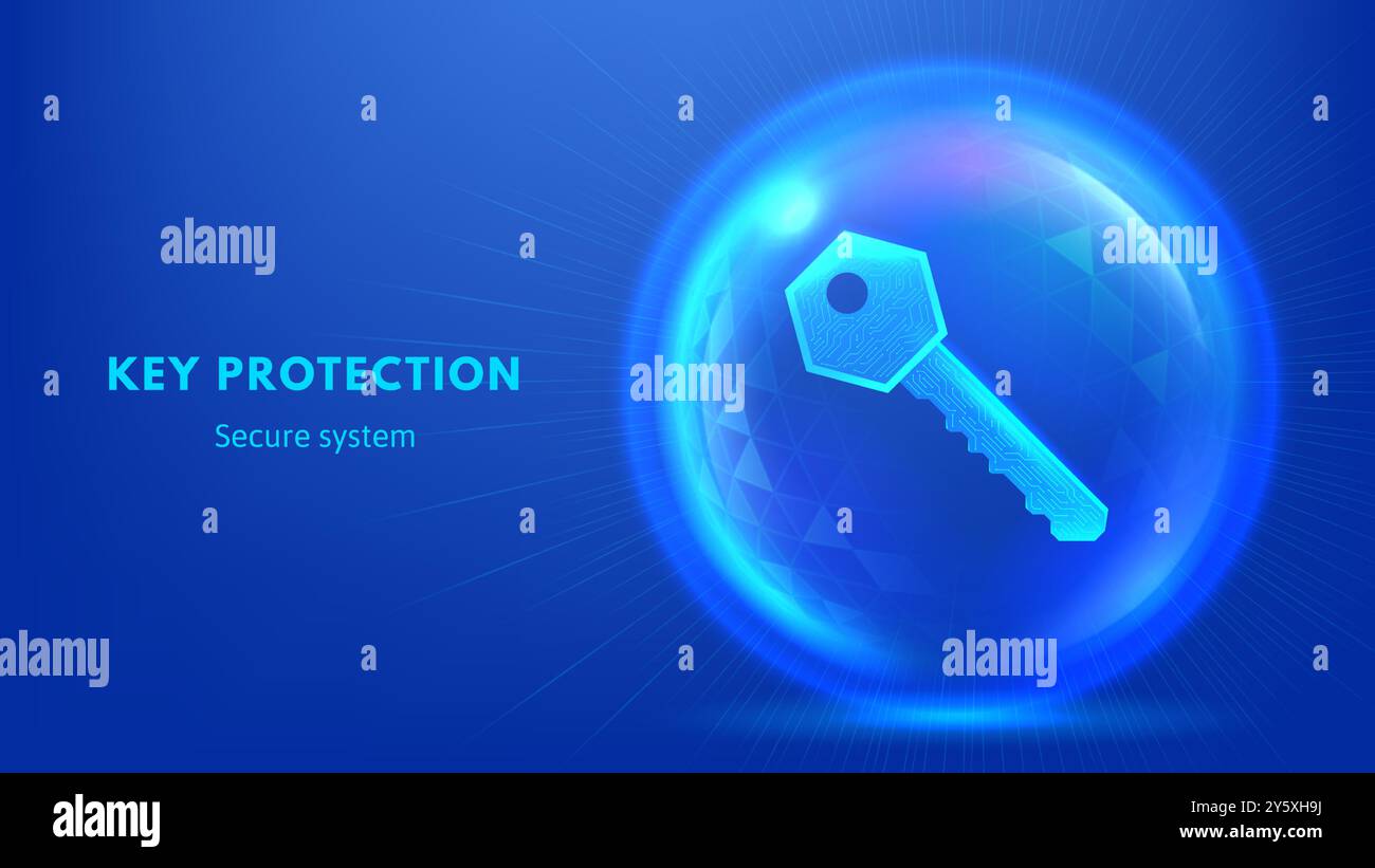 Clé de protection. Clé de sécurité numérique dans une sphère de blindage filaire incandescente. Concept futuriste de cybersécurité, de sécurité des réseaux ou de vecteur de chiffrement des données Illustration de Vecteur