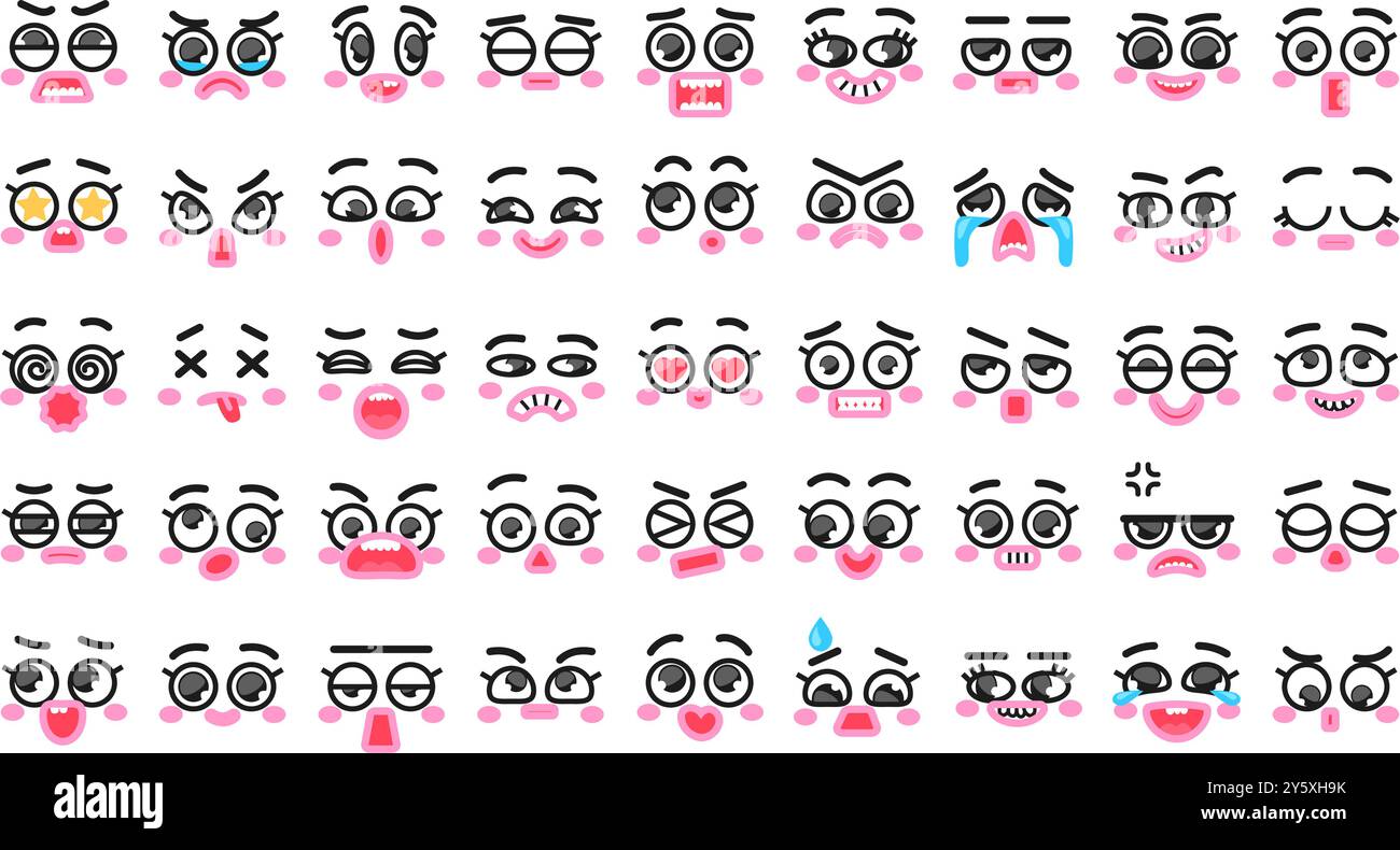 Expressions faciales de dessins animés modernes. Émotions et humeurs, sourcils griffonneux, yeux et formes de bouche pour la conception drôle de personnage de mascotte. Visages comiques isolés Illustration de Vecteur