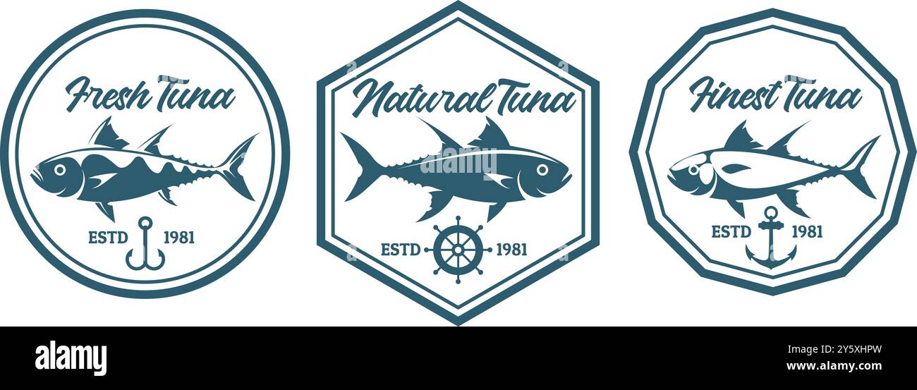 Set d'étiquettes rétro thon Illustration de Vecteur