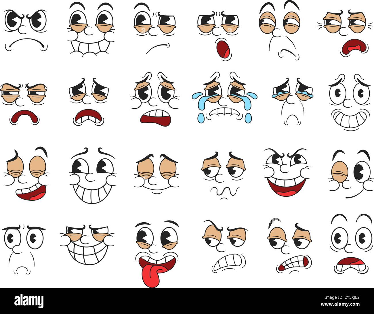Émotions de dessin animé rétro. Expressions faciales, des visages drôles dessinés à la main de dessins animés avec des yeux de tarte pour la conception de personnages de style d'animation de tuyau en caoutchouc 1930 Illustration de Vecteur