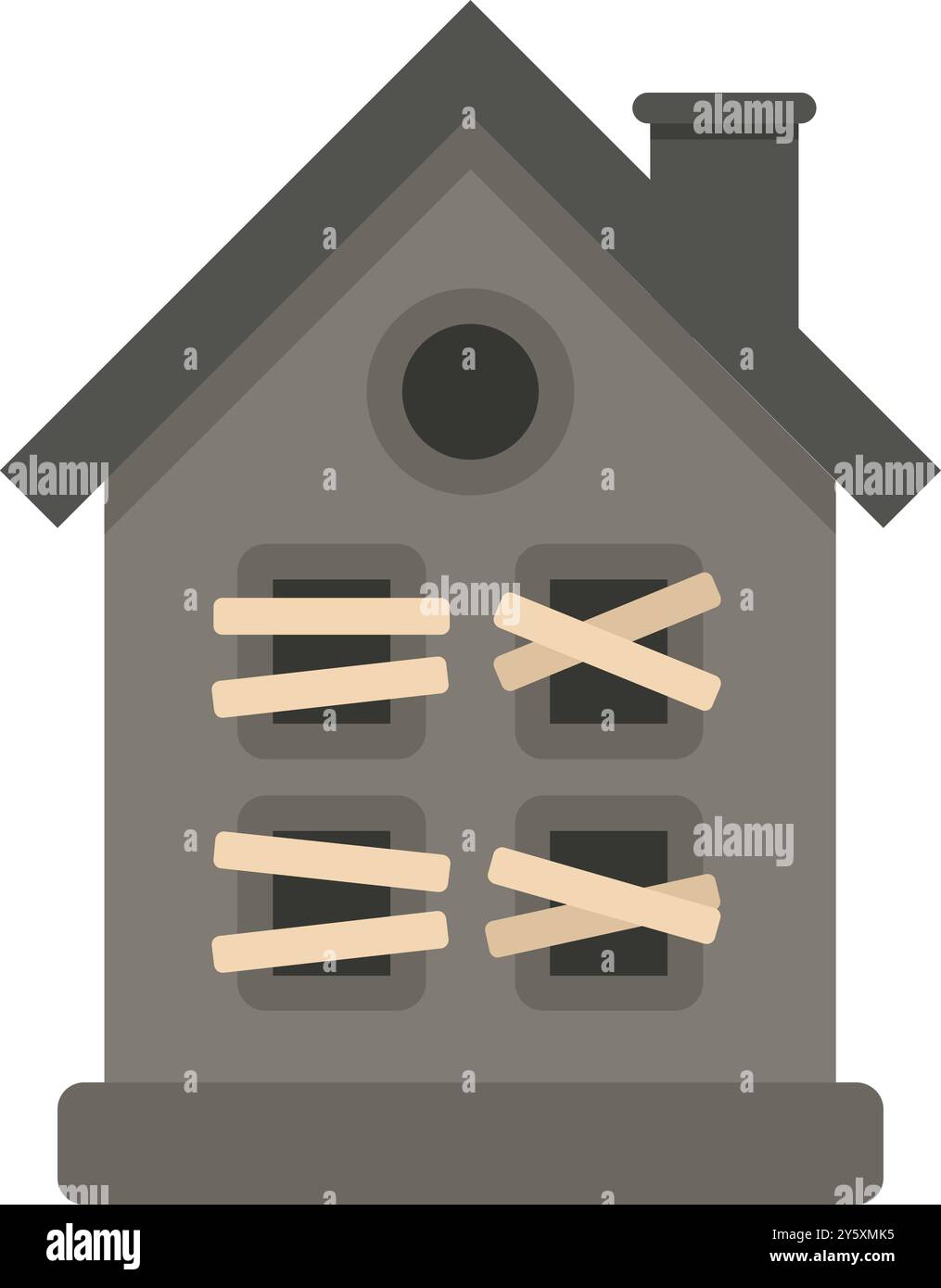 Cette illustration montre une maison grise délabrée avec des fenêtres à bord, véhiculant un sentiment d'abandon et de négligence Illustration de Vecteur