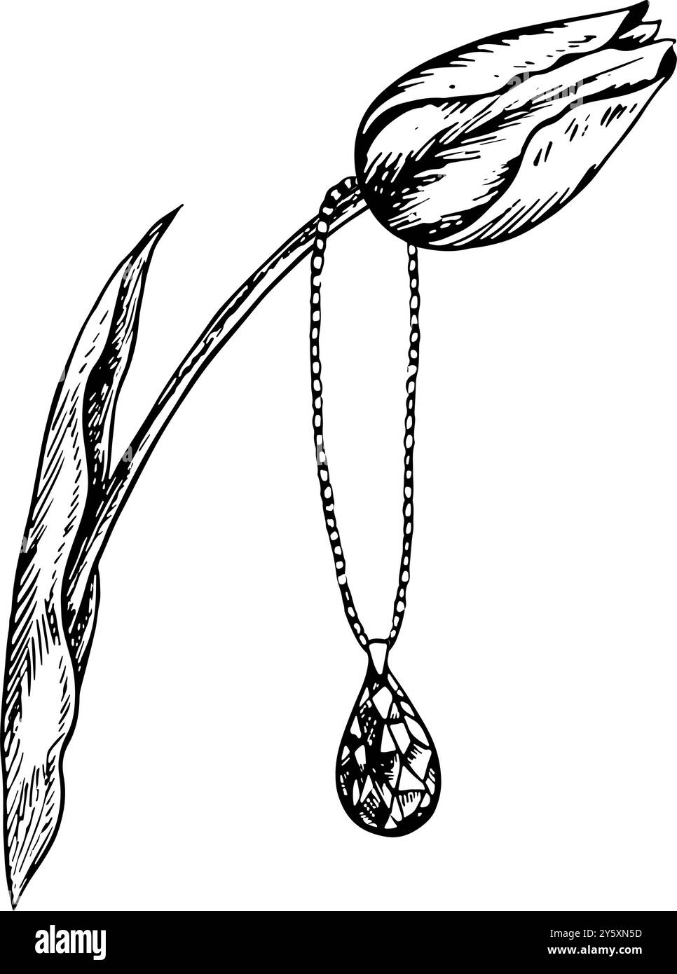 Un pendentif en forme de goutte à facettes, sur une chaîne. Pendentif bijou suspendu à une tulipe. Une illustration graphique vectorielle en noir et blanc réalisée par Illustration de Vecteur