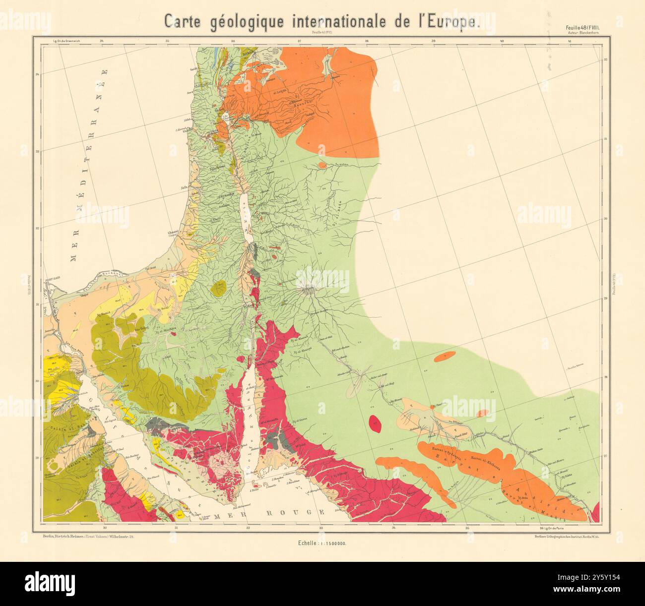 Carte géologique Sinaï Israël Jordanie Arabie Suez Levant. BEYSCHLAG 1911 ans Banque D'Images