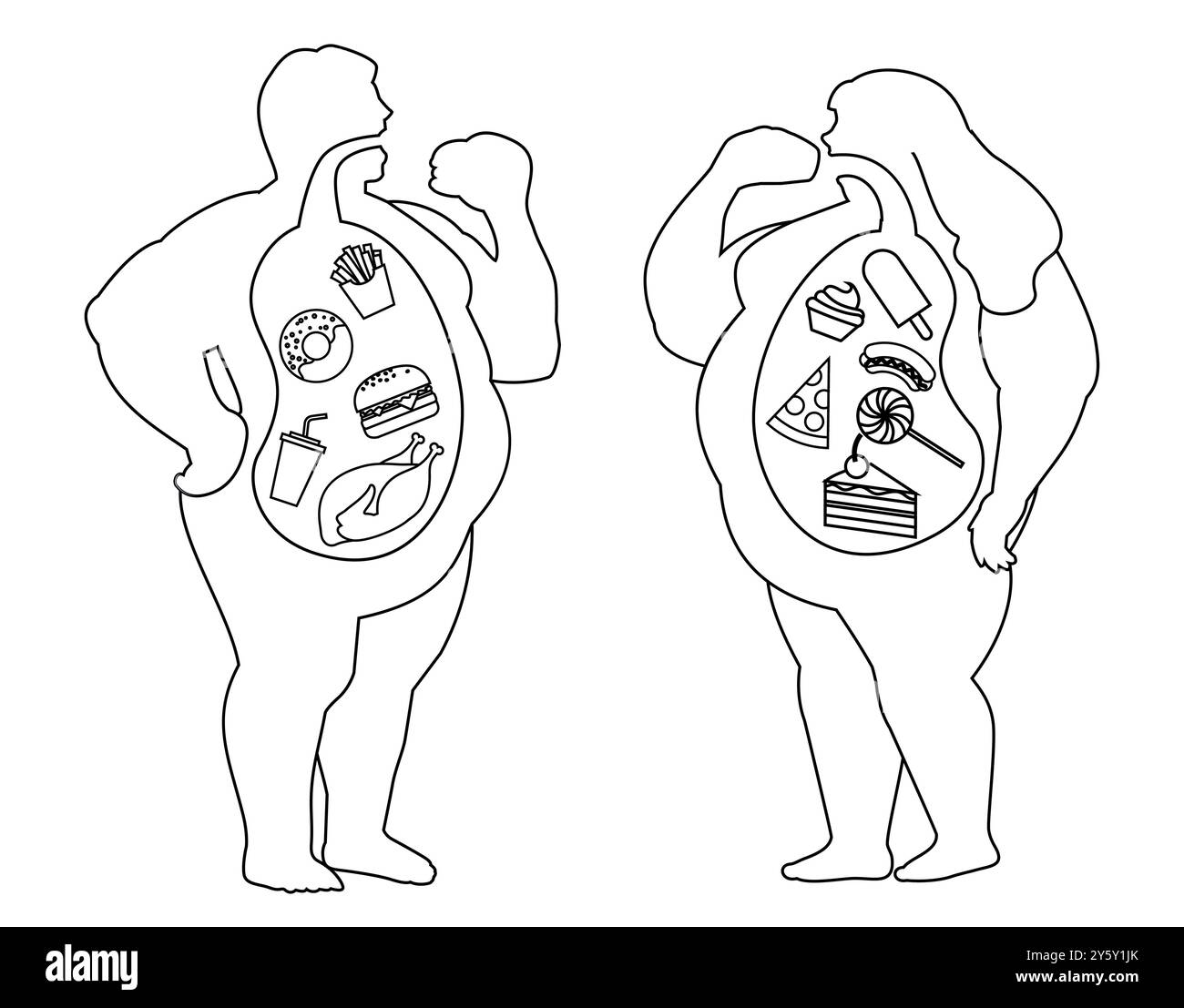 Homme et femme avec excès de poids corporel contour silhouette Illustration de Vecteur