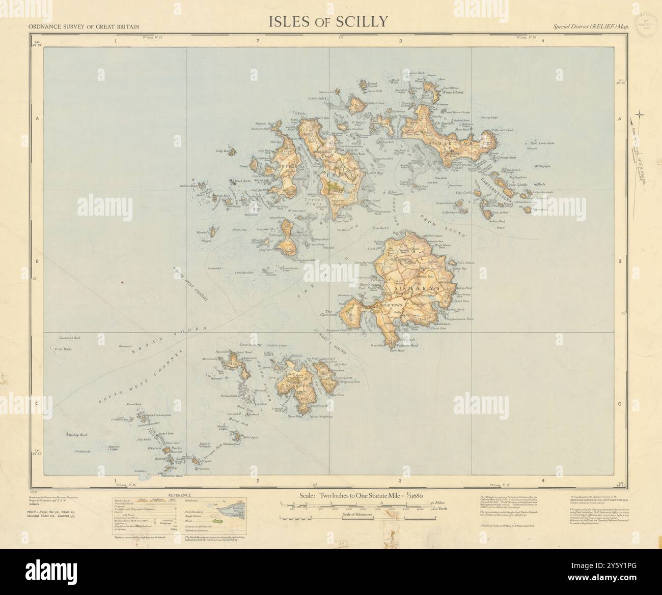 Scilly Isles Ordnance Survey feuille de carte 55x65cm 1937 vieux plan vintage Banque D'Images