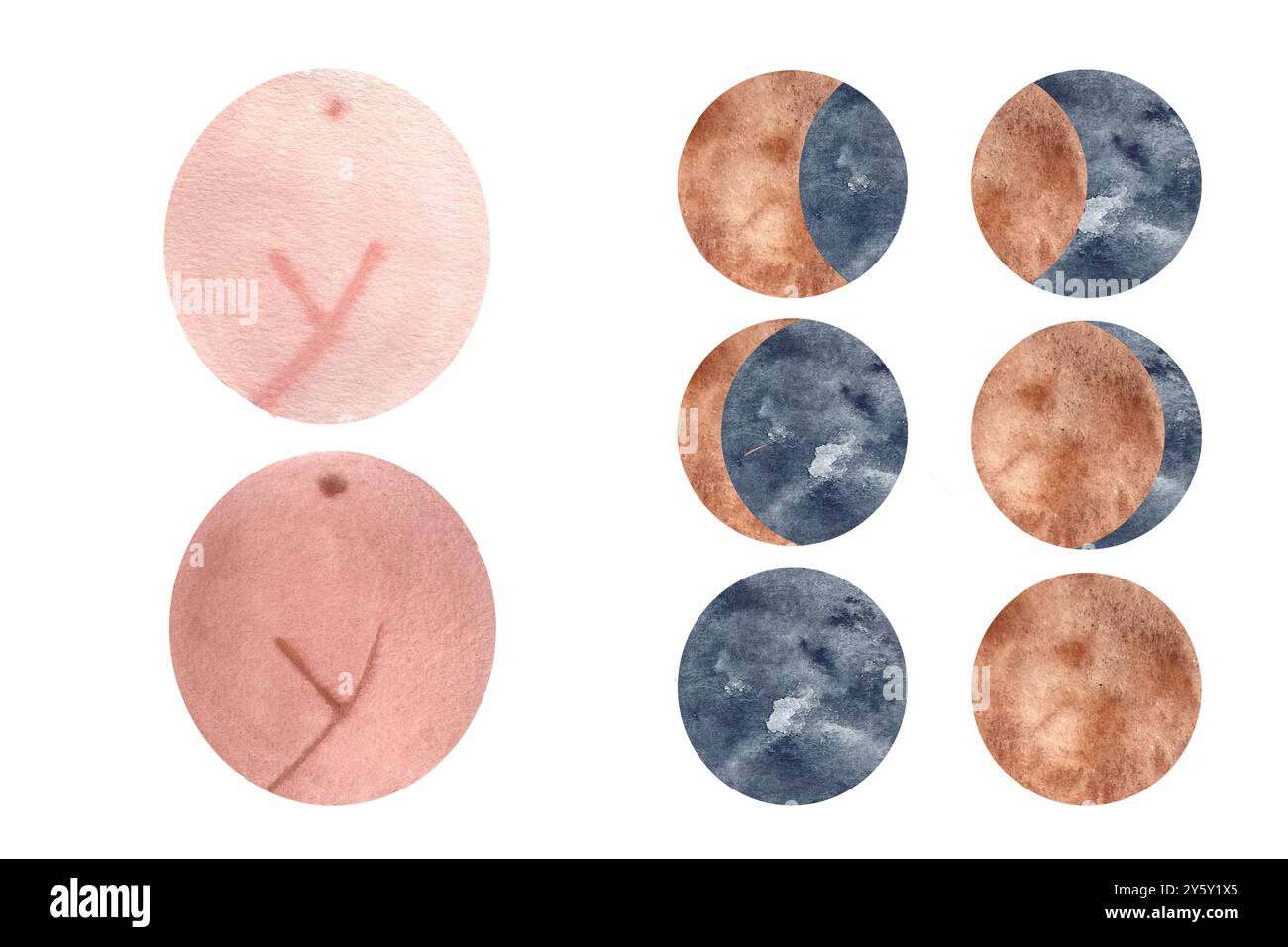 Un corps de femme signe en deux tons et phases de lune aquarelle ensemble isolé sur blanc. Idéal pour le décor et la conception de soins menstruels respectueux de l'environnement, calendriers Banque D'Images