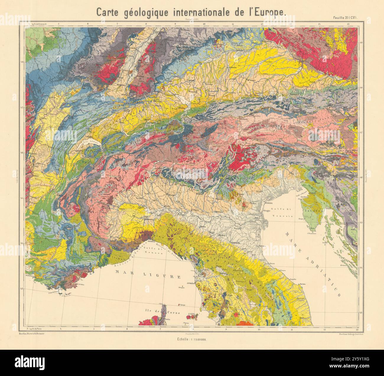 Carte géologique Alpes & Nord de l'Italie. Suisse Autriche. BEYSCHLAG 1898 Banque D'Images