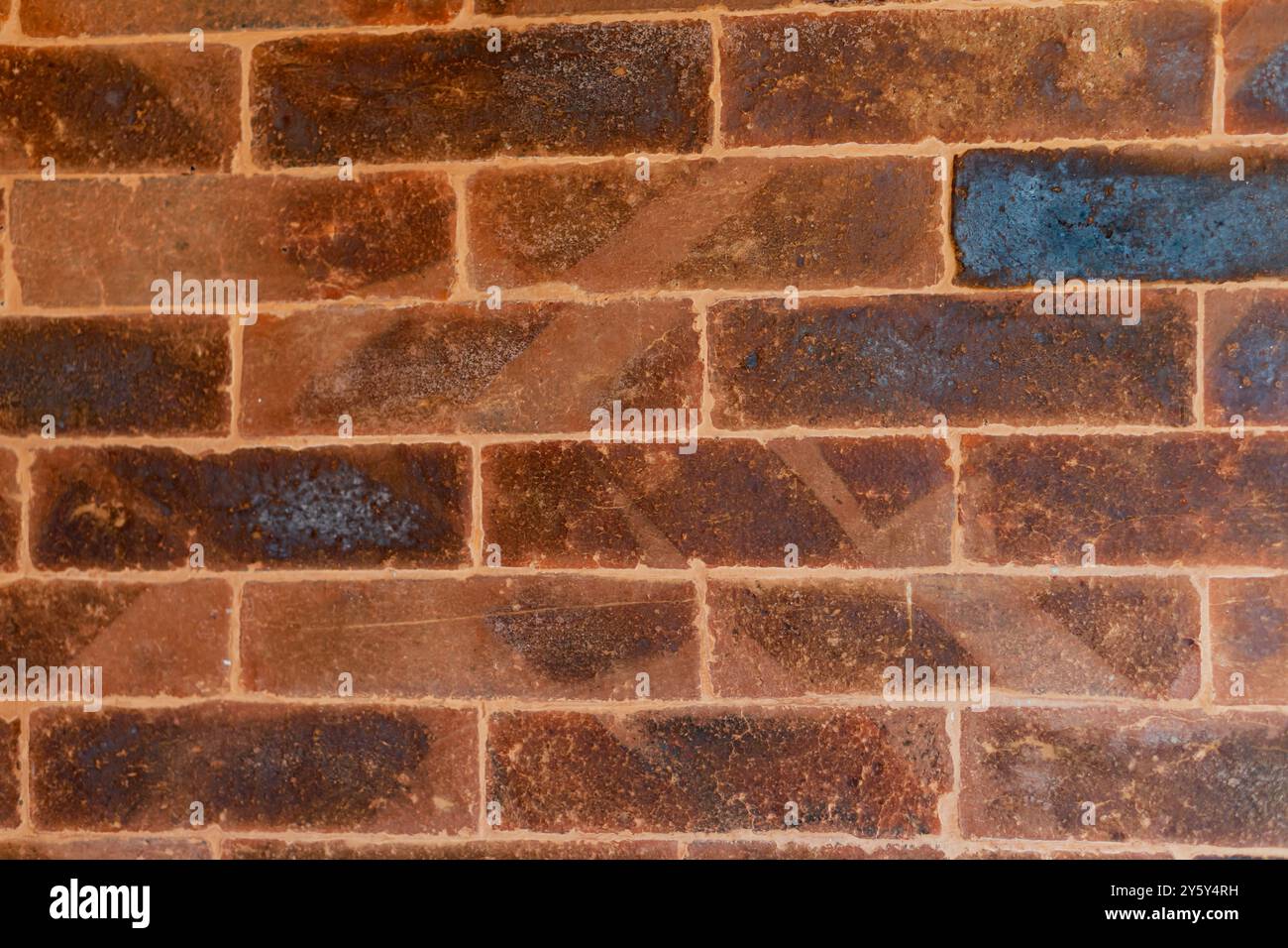 Vue rapprochée d'un mur rustique de briques brunes avec une surface texturée. Le motif et les tons terreux créent une esthétique chaleureuse et vintage idéale pour l'arrière-plan Banque D'Images