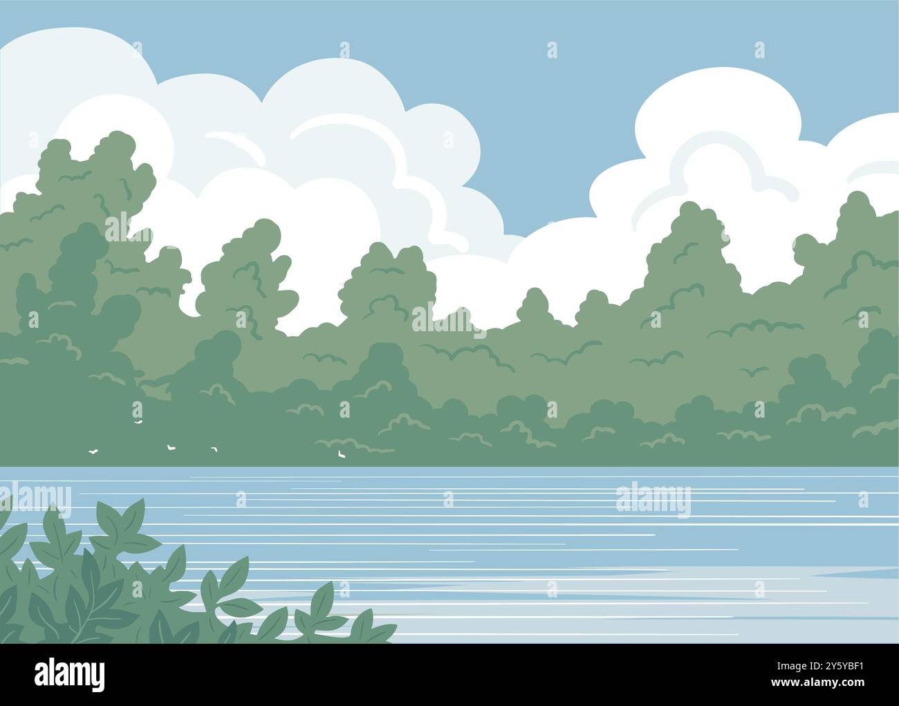 Beau paysage avec une rivière et des arbres verts. Forêt estivale. Calme vue paisible. Ciel nuages. Illustration vectorielle de dessin animé Illustration de Vecteur Beau paysage avec une rivière et des arbres verts. Forêt estivale. Calme vue paisible. Ciel nuages. Illustration vectorielle de dessin animé Illustration de Vecteur