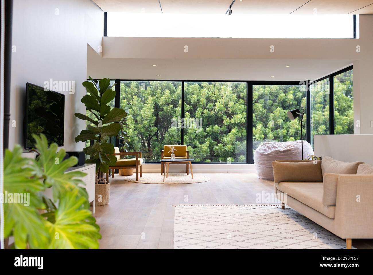 Salon moderne avec de grandes fenêtres, coin salon confortable, et une végétation luxuriante à l'extérieur, espace de copie Banque D'Images