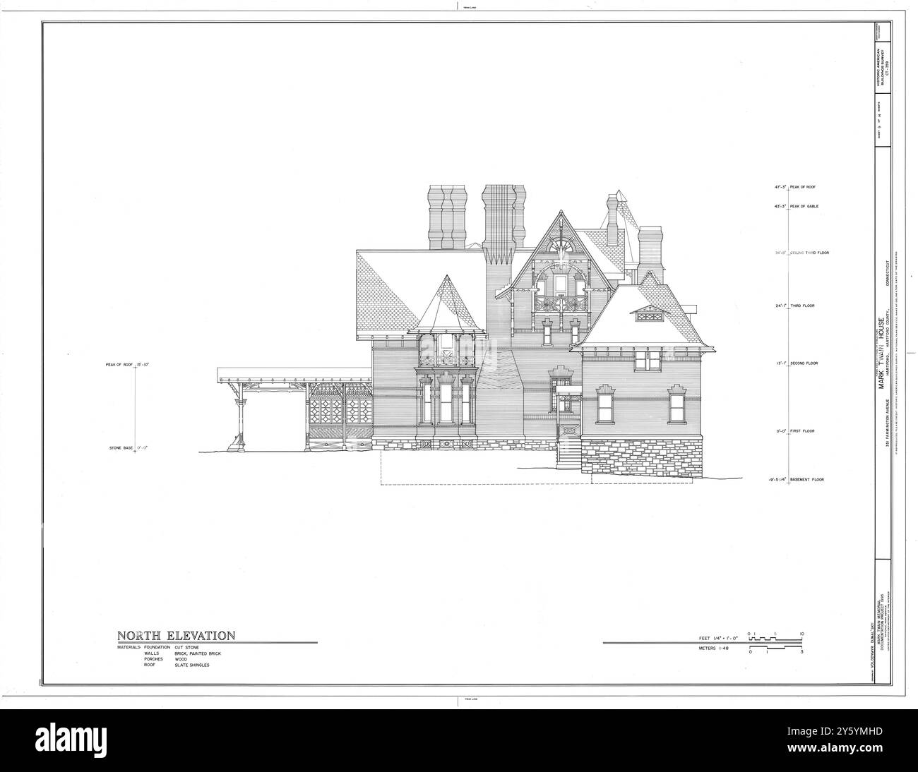 Élévation nord - Mark Twain House - dessin HABS - plan de maison - 531 Farmington Avenue, Hartford, Connecticut, États-Unis Banque D'Images