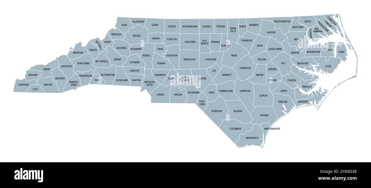 Comtés de Caroline du Nord, carte politique grise avec frontières et noms de comté. État dans la région sud-est des États-Unis subdivisé en 100 comtés. Banque D'Images