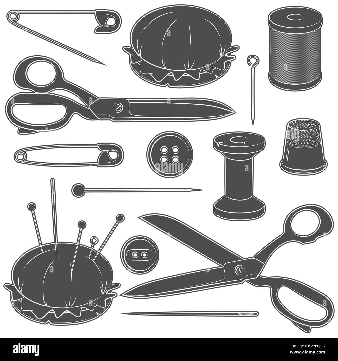 Ensemble d'illustrations en noir et blanc avec fournitures de couture. Objets vectoriels isolés sur fond blanc. Illustration de Vecteur