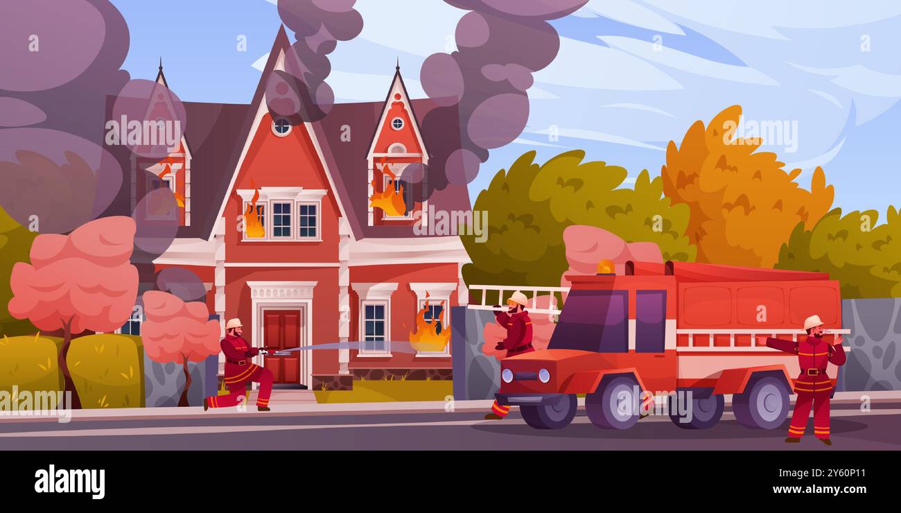 Pompiers. Flamme d'extinction de pompier. Maison en feu. Sauvetage après allumage. Les combattants pulvérisent de l'eau avec un tuyau. Camion de pompiers à la rue de la ville. Équipe extincteurs. Maison flamboyante avec de la fumée. Concept de vecteur Illustration de Vecteur