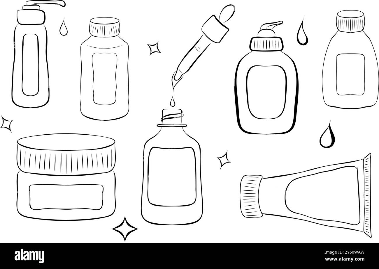 Les signes de bouteilles cosmétiques Black Thin Line Icon Set comprennent de la crème, lotion, shampooing, spray et savon. Illustration des icônes Illustration de Vecteur