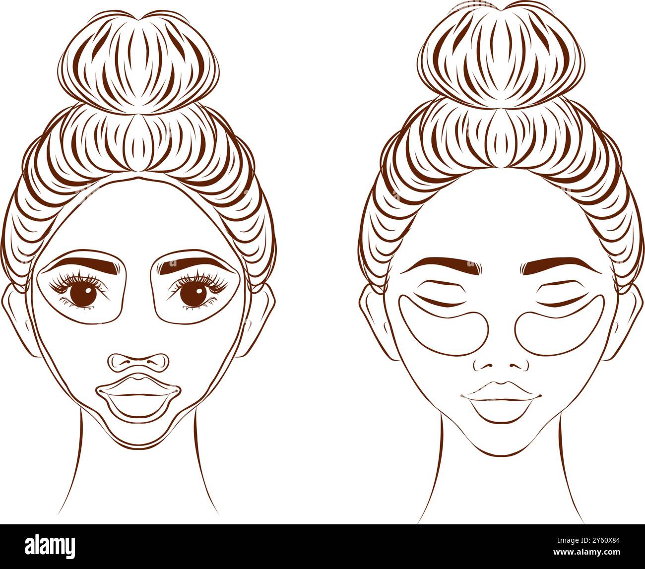 Masques faciaux, icônes de ligne mince de traitement de beauté Set illustration vectorielle. Contour des personnages féminins appliquer l'argile ou le masque crème avec des pinceaux, des cercles de patc Illustration de Vecteur