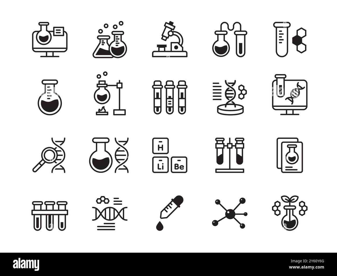 Icônes constituant chimique. Laboratoire chimique. Recherche scientifique. Tube à essai de laboratoire. Équipement scientifique comme bécher et flacon en verre. microscope. Symbole ADN. Diagnostic des chromosomes génomiques. Ensemble de pictogrammes vectoriels Illustration de Vecteur