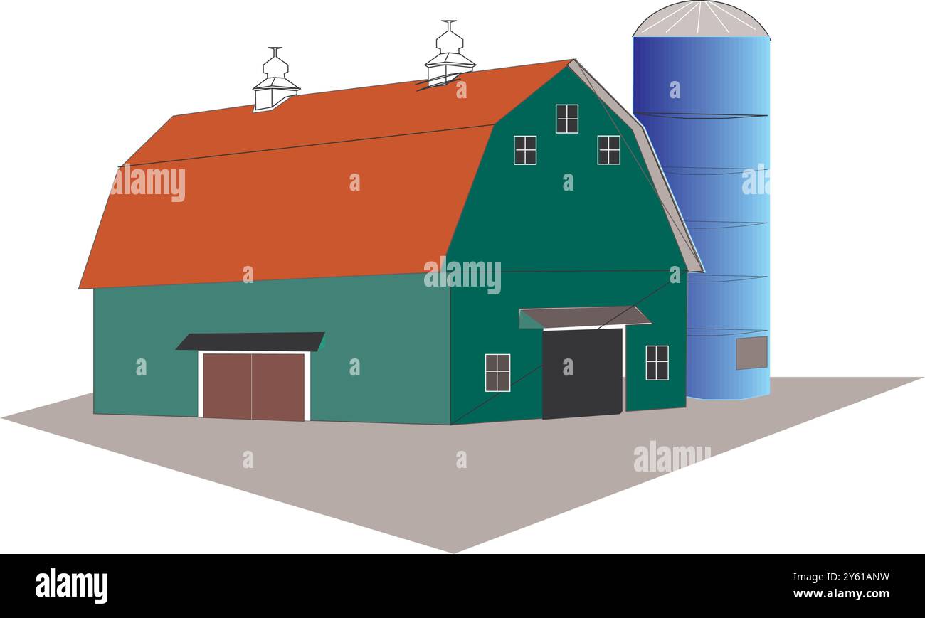fermes isométriques avec grange de moulins et clôture de foin de silo et illustration vectorielle isolée de lampadaire Illustration de Vecteur