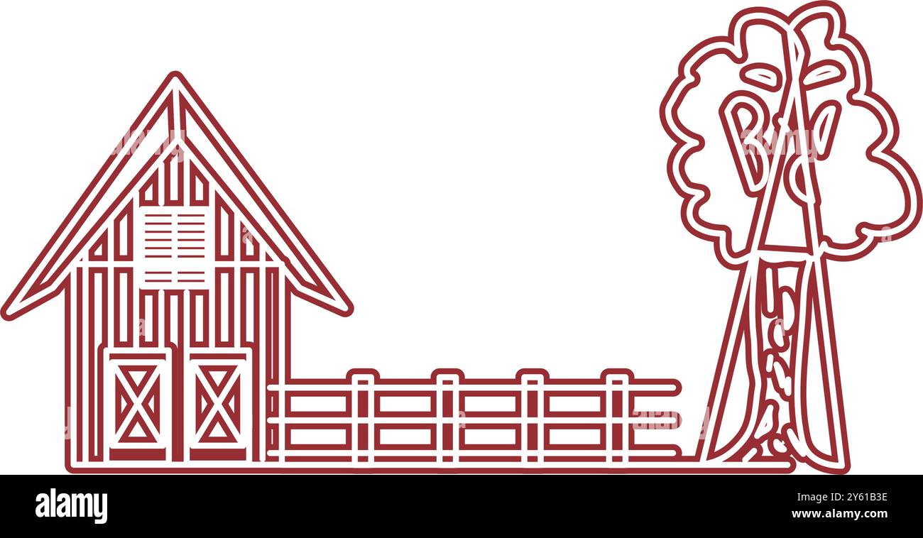 Extérieur du bâtiment de l'étable de grange de ferme avec illustration vectorielle plate de tracteur et de moulin à vent Illustration de Vecteur