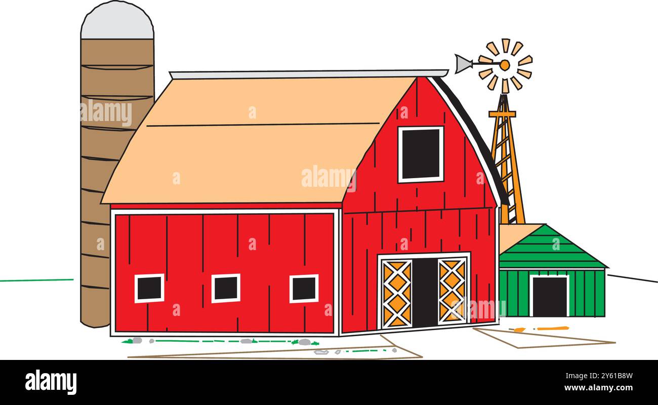 Extérieur du bâtiment de l'étable de grange de ferme avec illustration vectorielle plate de tracteur et de moulin à vent Illustration de Vecteur