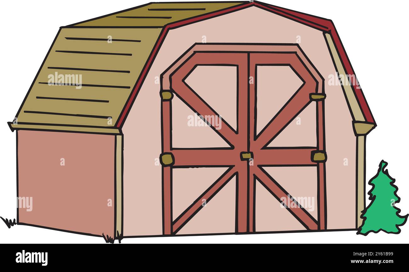 Extérieur du bâtiment de l'étable de grange de ferme avec illustration vectorielle plate de tracteur et de moulin à vent Illustration de Vecteur