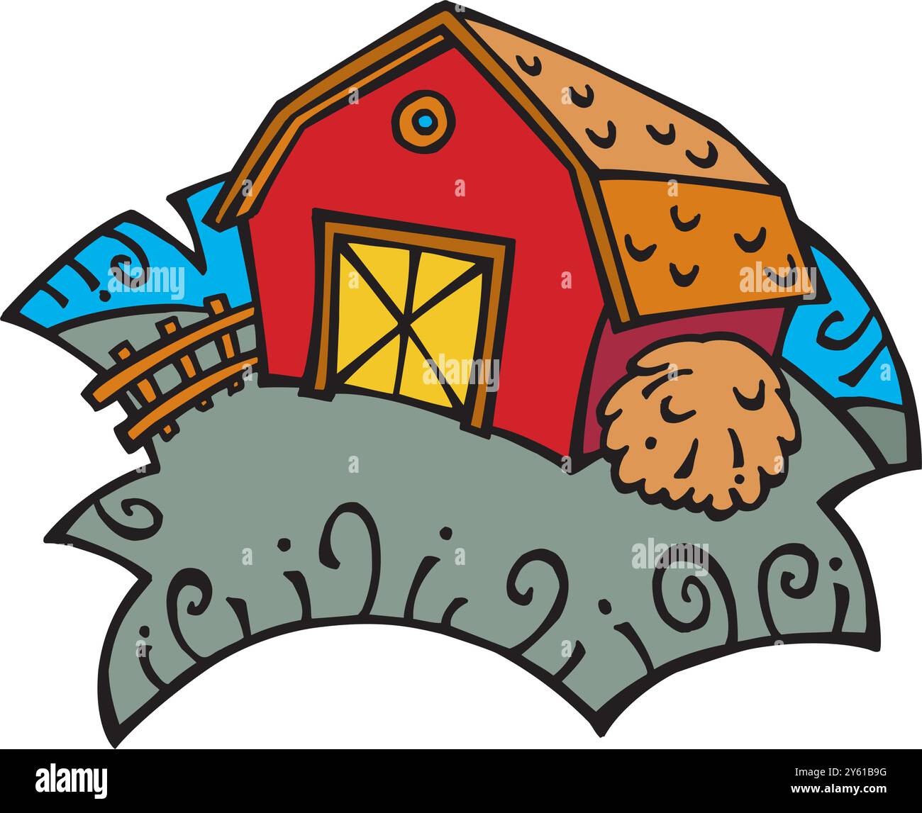 Extérieur du bâtiment de l'étable de grange de ferme avec illustration vectorielle plate de tracteur et de moulin à vent Illustration de Vecteur