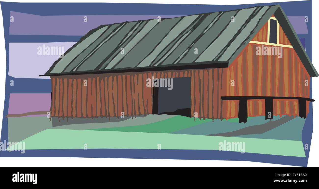 Ferme grange Cowshed bâtiment extérieur avec tracteur et vecteur plat de moulin à vent Illustration de Vecteur