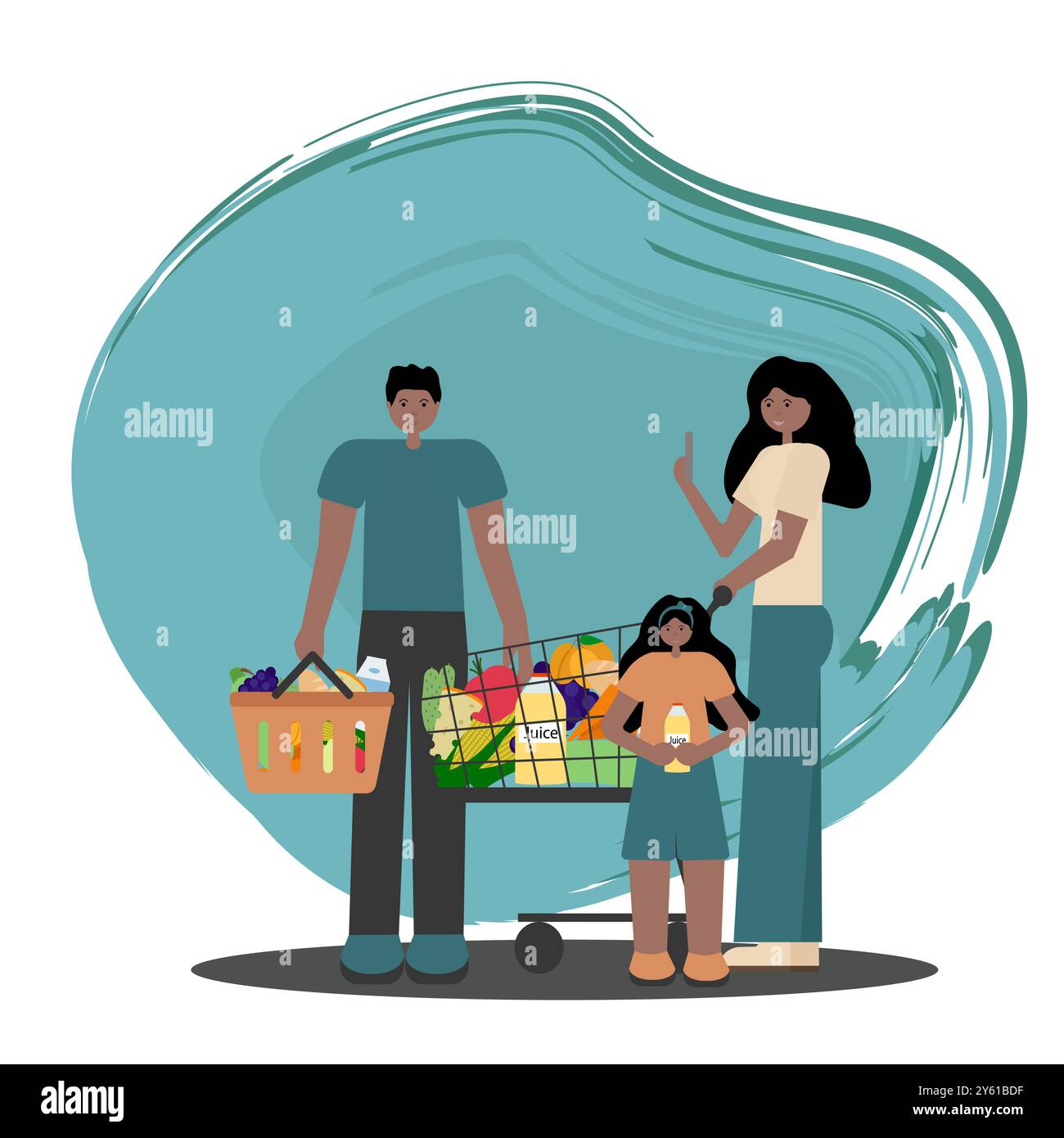 Famille noire shopping ensemble. Illustration plate vectorielle du père afro-américain tenant le panier d'épicerie, la mère poussant le panier et la fille Illustration de Vecteur