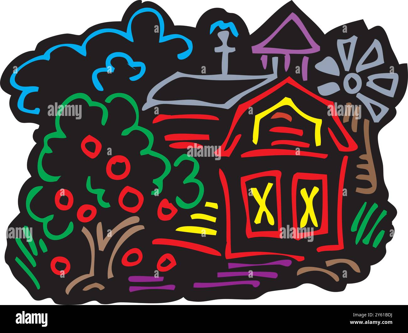 Extérieur du bâtiment de l'étable de grange de ferme avec illustration vectorielle plate de tracteur et de moulin à vent Illustration de Vecteur