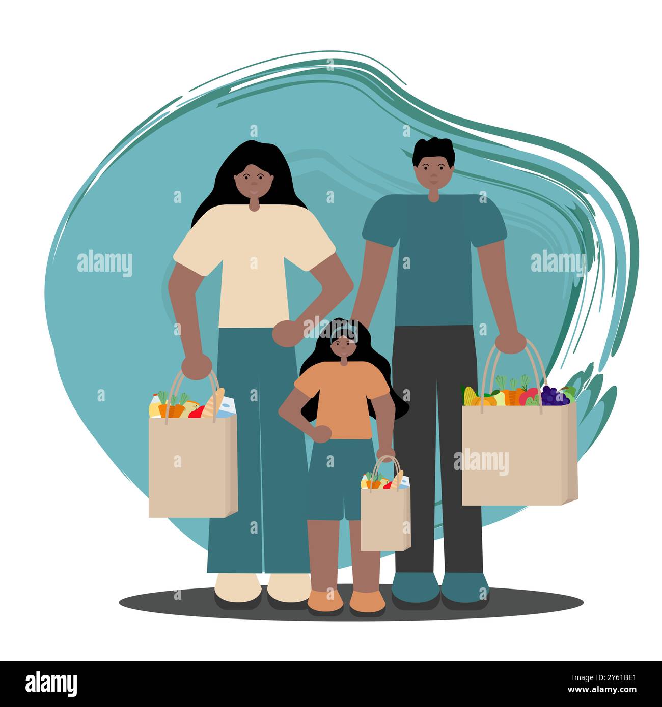 Illustration de shopping de famille noire dans le style vectoriel plat. Père afro-américain, mère et fille tenant des sacs d'épicerie en papier. Parfait pour Illustration de Vecteur