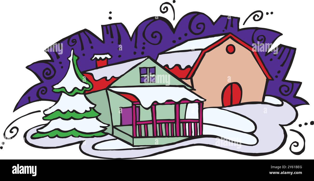 Paysage de campagne d'hiver avec grange de ferme, champ d'agriculture et maisons illustration de conception vectorielle Illustration de Vecteur