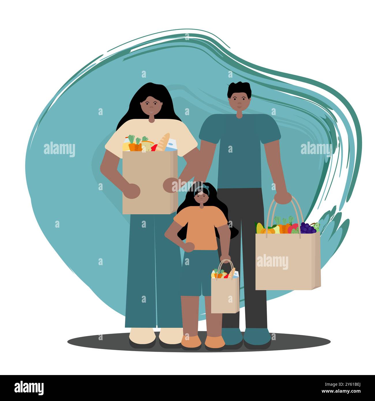 Famille noire, père, mère et fille tenant des sacs en papier avec de l'épicerie. Vecteur dans le style plat sur le thème du shopping des gens noirs. Idées pour les réseaux sociaux Illustration de Vecteur
