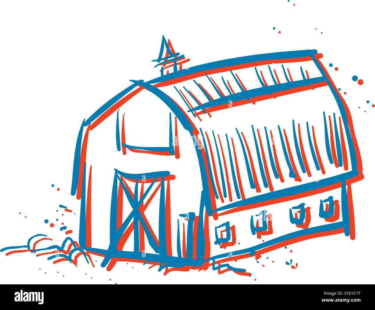 Extérieur du bâtiment de l'étable de grange de ferme avec illustration vectorielle plate de tracteur et de moulin à vent Illustration de Vecteur