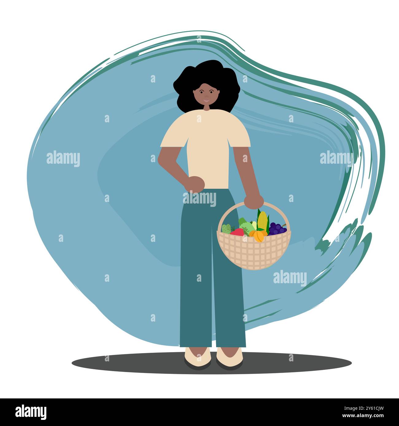 Fille à la peau foncée faisant du shopping avec un panier tissé de produits d'épicerie. Illustration de style plat vectoriel. Idéal pour les annonces de produits écologiques, épicerie Illustration de Vecteur