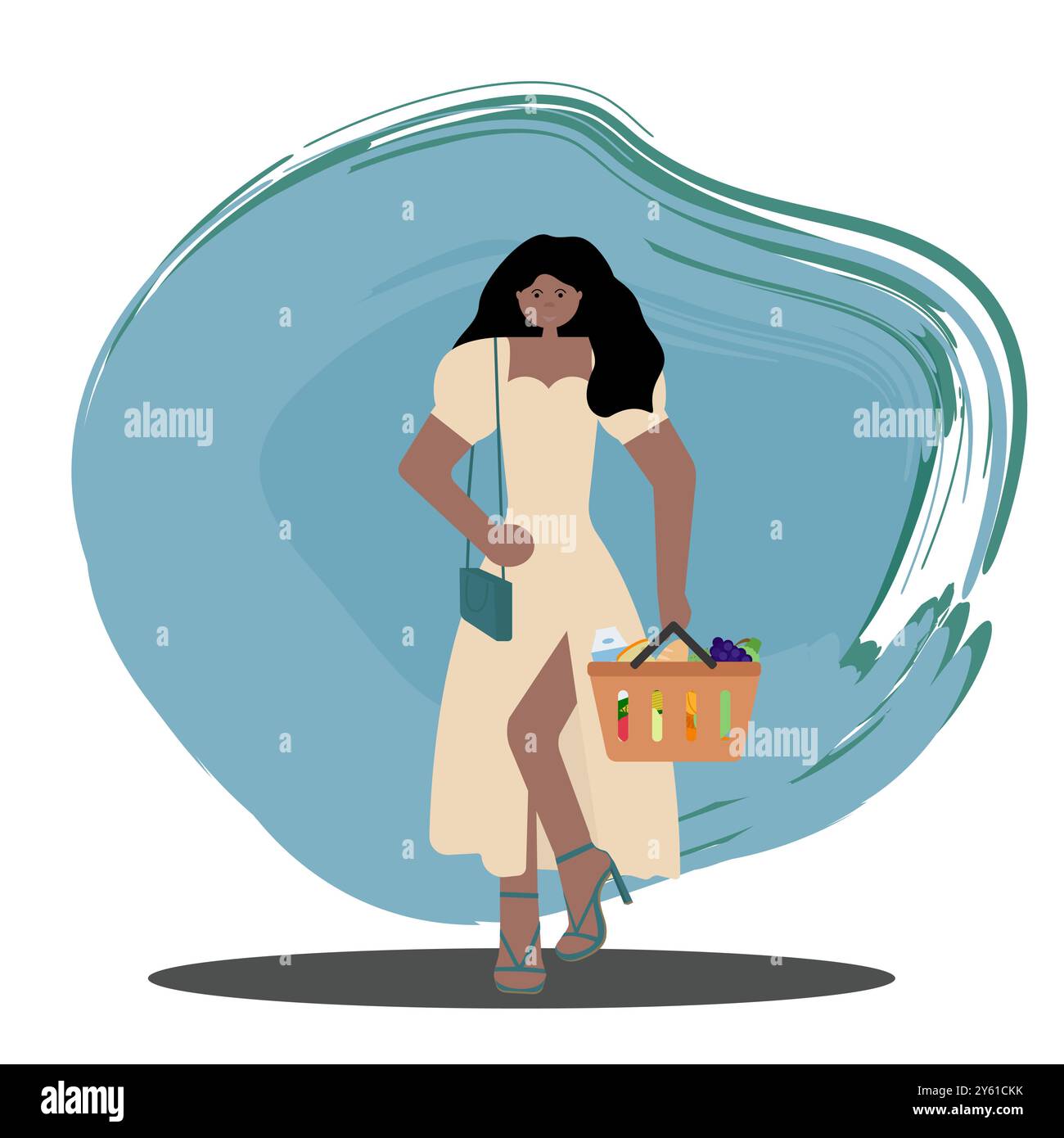 Fille à la peau foncée dans une robe claire tenant le panier avec des produits d'épicerie pendant le shopping. Illustration de style plat vectoriel. Pour une utilisation dans les articles de style de vie, épicerie Illustration de Vecteur