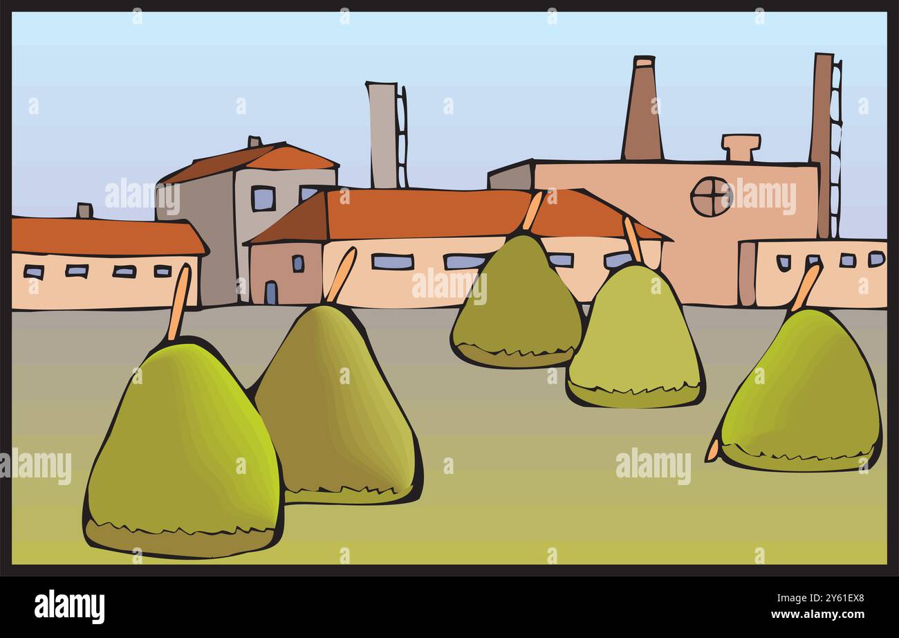 ferme isométrique avec grange de moulins et clôture de foin de silo et illustration vectorielle isolée de lampadaire Illustration de Vecteur