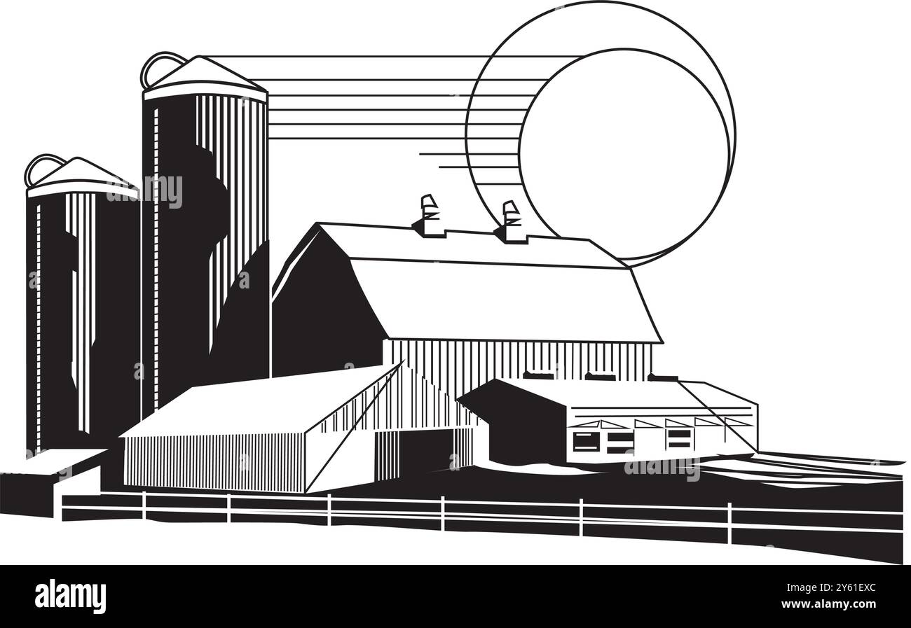 ferme isométrique avec grange de moulins et clôture de foin de silo et illustration vectorielle isolée de lampadaire Illustration de Vecteur