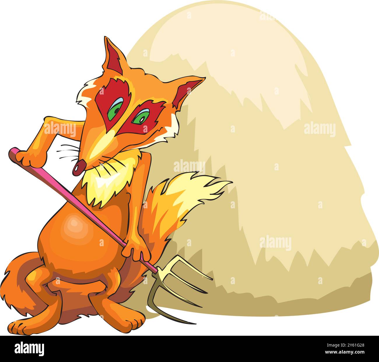 Éleveur de renards debout avec une fourche sur le fond de balles de foin. Agriculteur tenant une illustration vectorielle de fourche Illustration de Vecteur