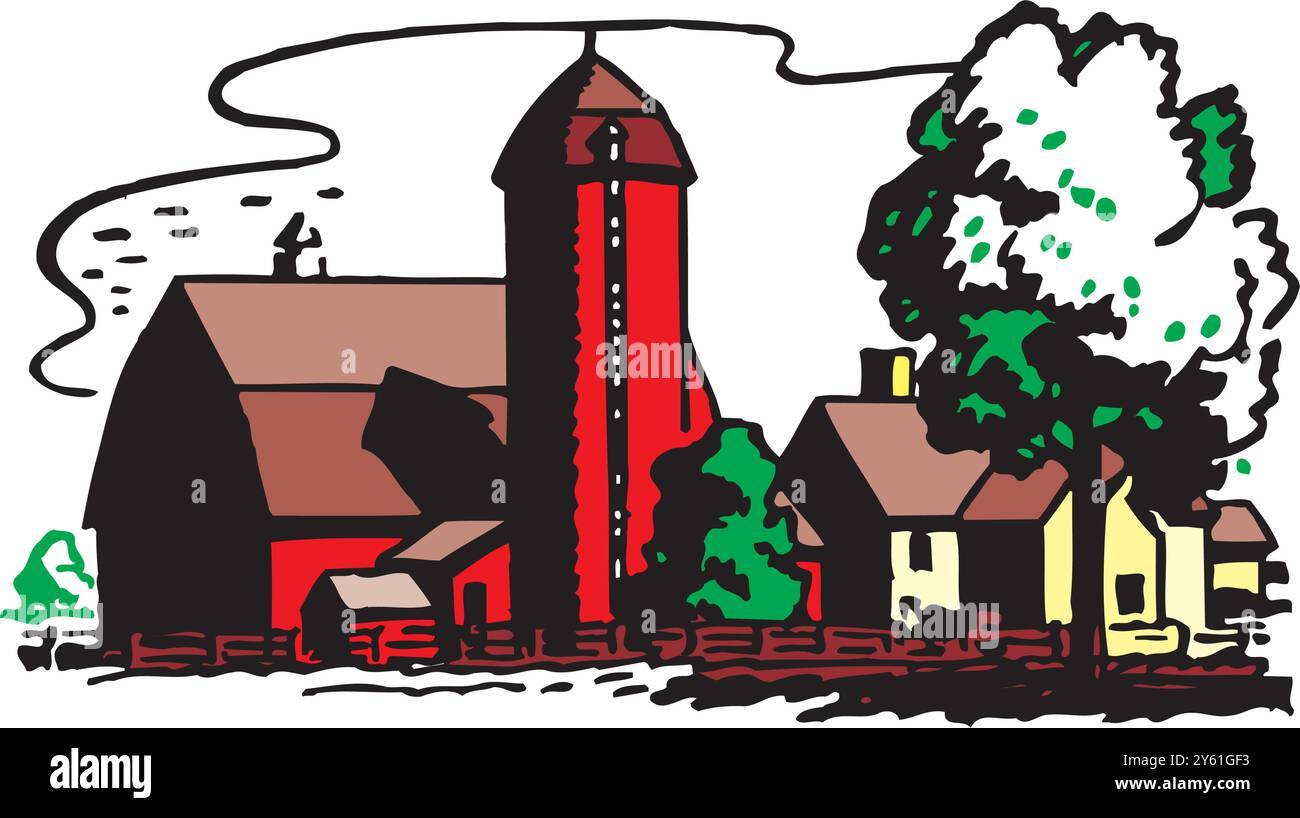 ferme isométrique avec grange de moulins et clôture de foin de silo et illustration vectorielle isolée de lampadaire Illustration de Vecteur