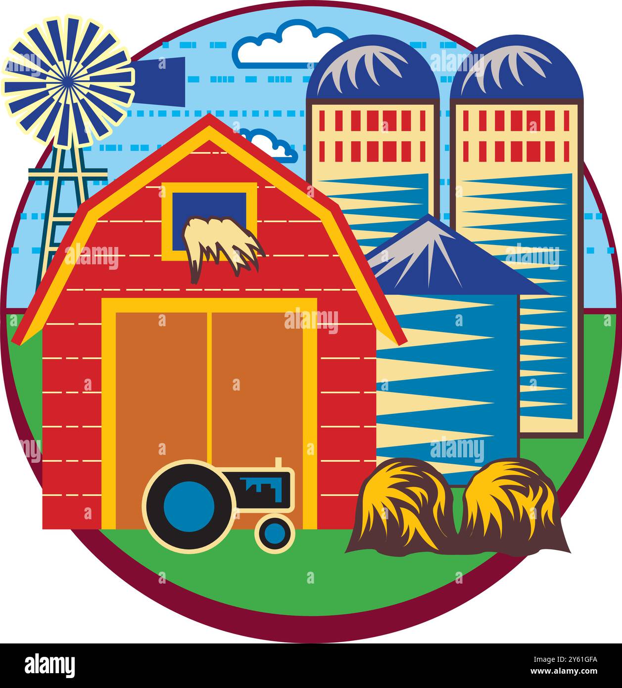 ferme isométrique avec grange de moulins et clôture de foin de silo et illustration vectorielle isolée de lampadaire Illustration de Vecteur