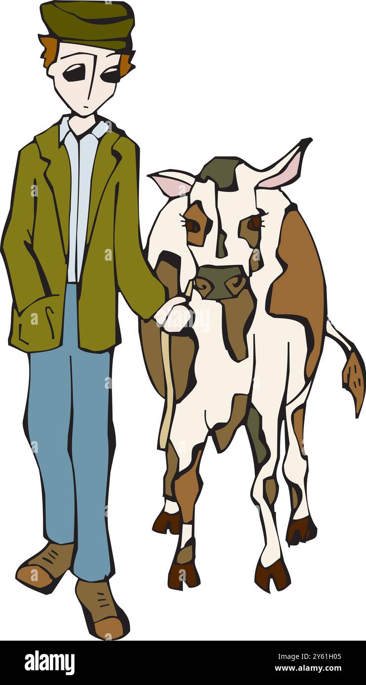 Agriculteur debout à côté d'une vache sur l'illustration de conception de vecteur de ferme Illustration de Vecteur